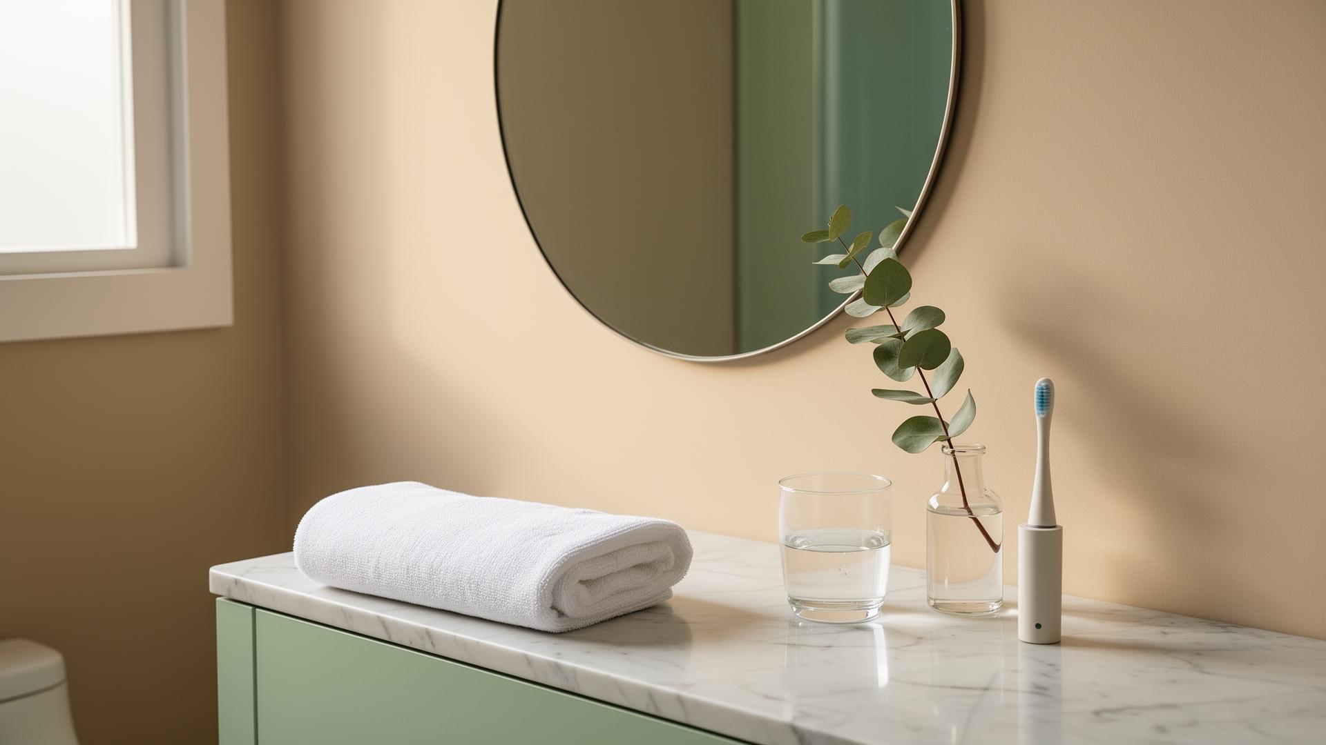 Salle de bain minimaliste avec un miroir rond, un verre d'eau, une serviette blanche, une branche d'eucalyptus et une brosse à dents — ambiance douce et apaisante