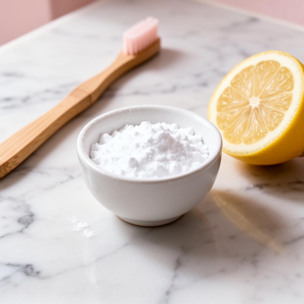 Petit bol de bicarbonate de soude posé sur un plan de travail en marbre, à côté d'une brosse à dents en bambou et d'un demi-citron