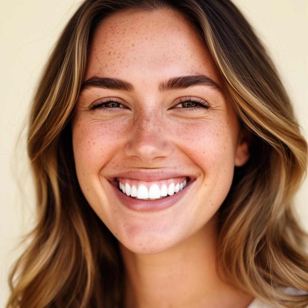 Portrait naturel d'une femme souriante aux dents blanches et saines, lumière douce, fond crème