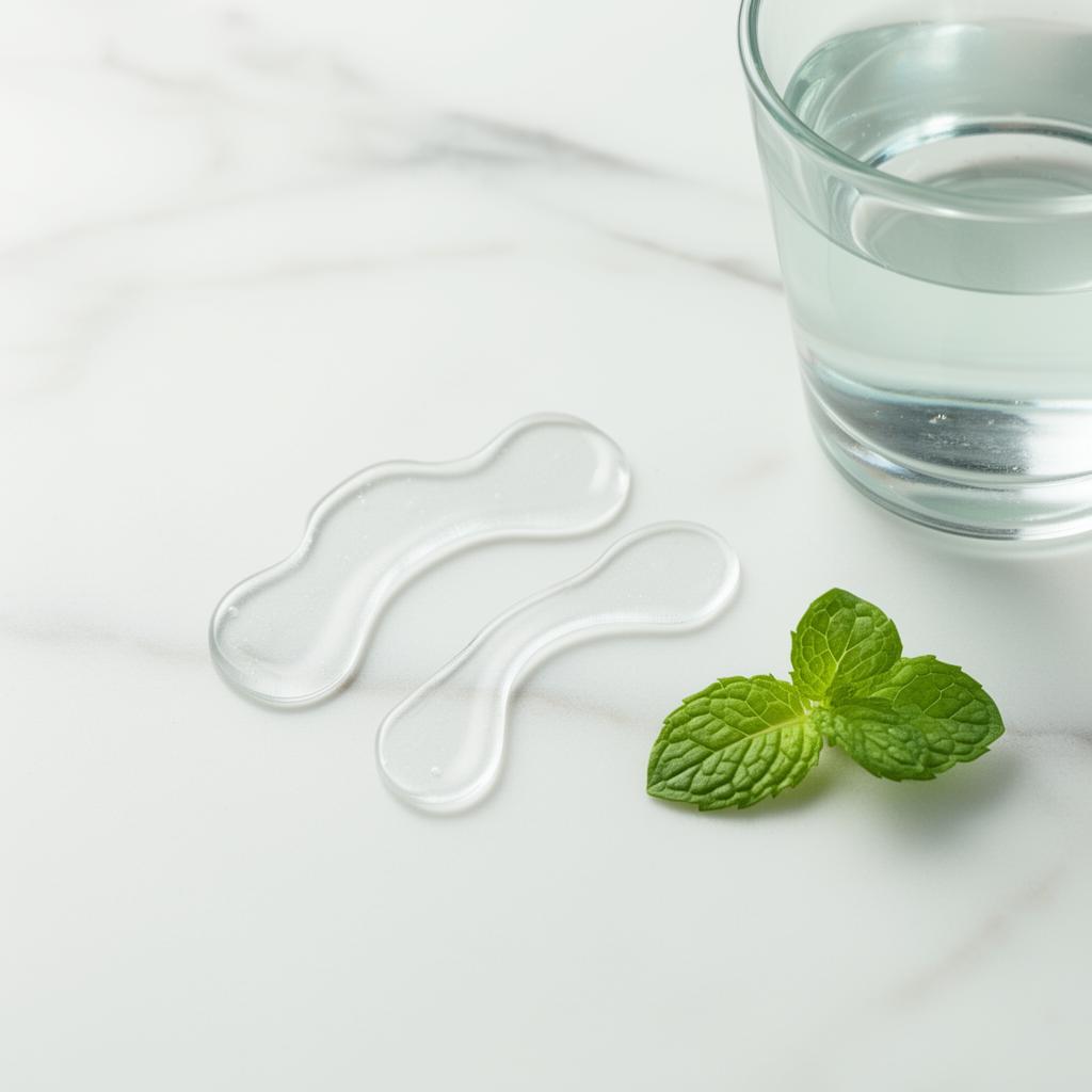 Deux bandes blanchissantes transparentes en gel posées sur un plan de travail en marbre, à côté d'un verre d'eau et de feuilles de menthe fraîche