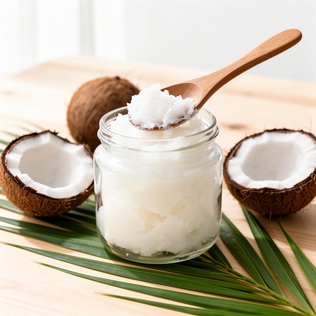 Pot en verre d'huile de coco vierge avec une cuillère en bois, à côté de noix de coco fraîches et de feuilles de palmier