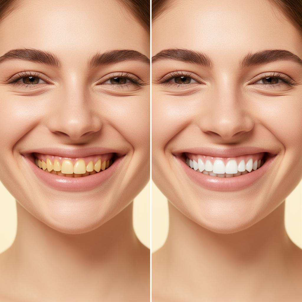 Comparaison avant/après d'un sourire : à gauche les dents légèrement jaunies, à droite les mêmes dents nettement plus blanches après une cure de blanchiment