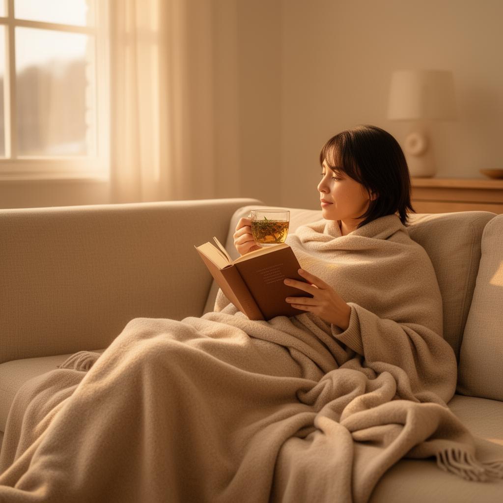 Personne enveloppée dans une couverture beige, lisant un livre et buvant une tisane sur un canapé, lumière dorée de fin d'après-midi