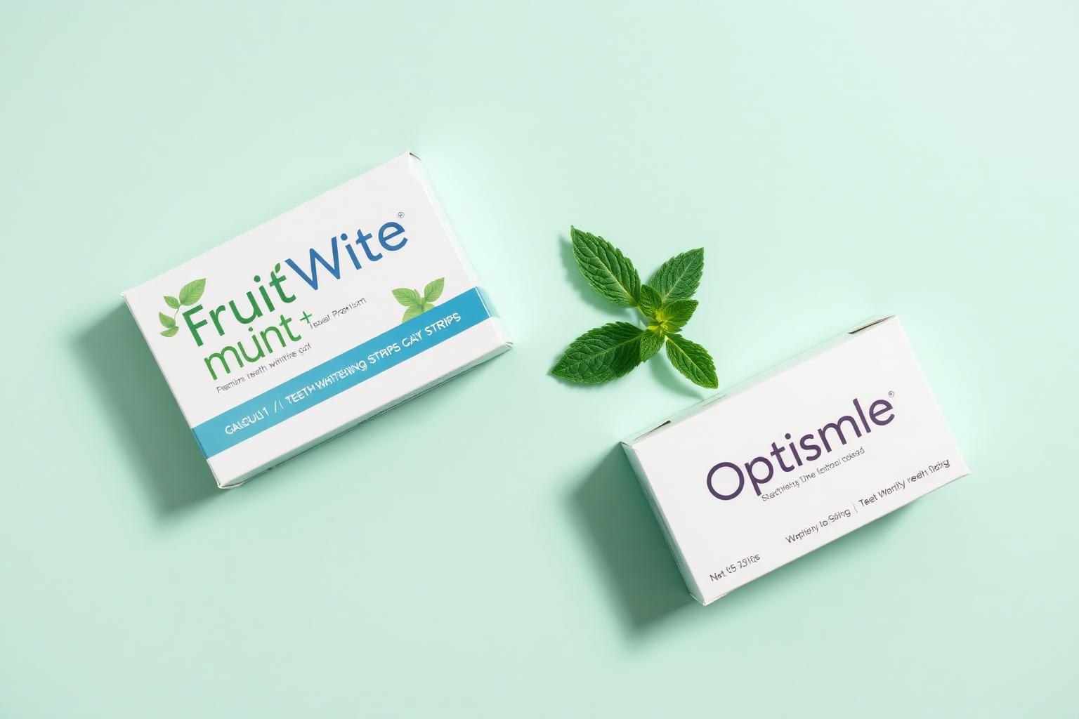 Deux boîtes de bandes blanchissantes côte à côte sur fond mint : FruitWhite PAP+ premium et Optismile en packaging générique
