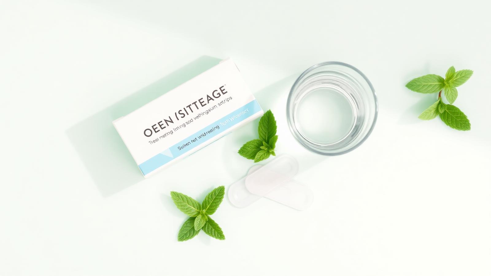 Boîte de bandes blanchissantes posée sur un fond pastel mint avec des feuilles de menthe fraîche et un verre d'eau