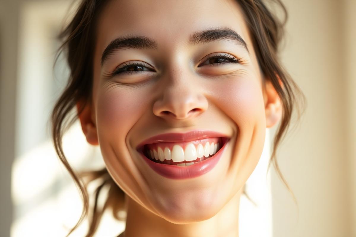 Jeune femme souriante devant un miroir, vérifiant l'éclat naturel de ses dents blanches
