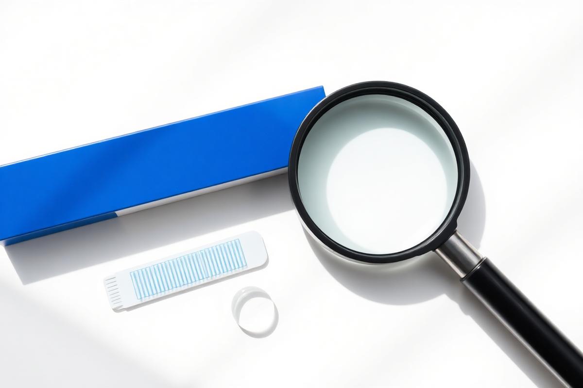 Bande blanchissante transparente posée à côté d'une goutte de gel et d'une loupe sur fond blanc